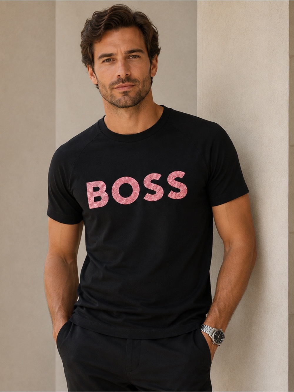 LIKE NEW - HUGO BOSS Men’s Black Raised Logo Stretch T-Shirt Size Small